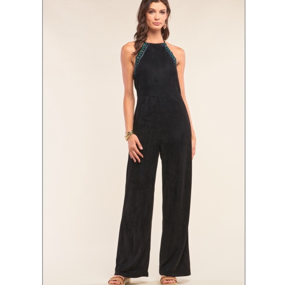 Black Suede Eyelet Embroidered Halter Jumpsuit